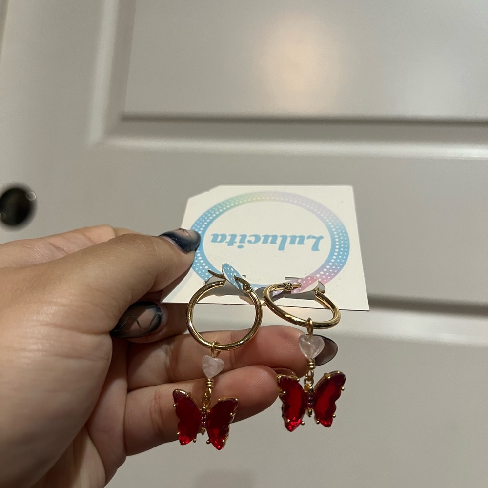 Gold and Red Butterfly Earrings - Picture 2 of 3